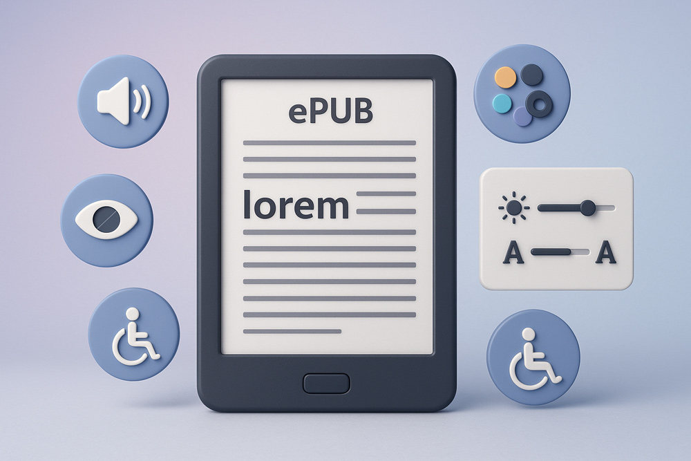 Tablet z ikonami dostępności: EPUB, odczyt głosowy, kontrast, rozmiar czcionki i symbole dostępności